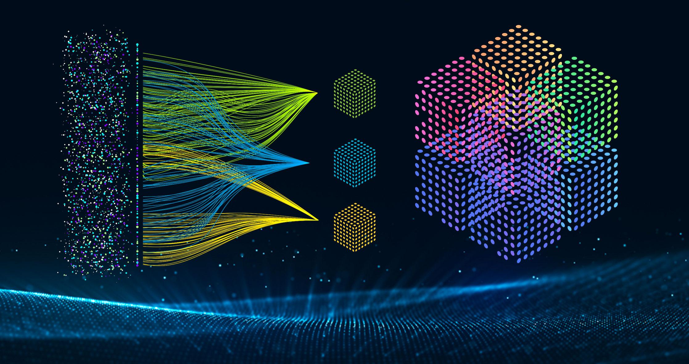 Chaotic data points converging into organized streams and structured blocks